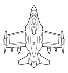 Top down view illustration of a fighter jet in military style, black and white coloring page outline, highlighting aircraft details, aviation learning, and creative drawing activity concept.