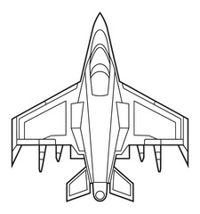Top down view of a high rank military fighter jet, black and white coloring page outline, designed for kids and adults, educational aviation material, and interactive art projects.