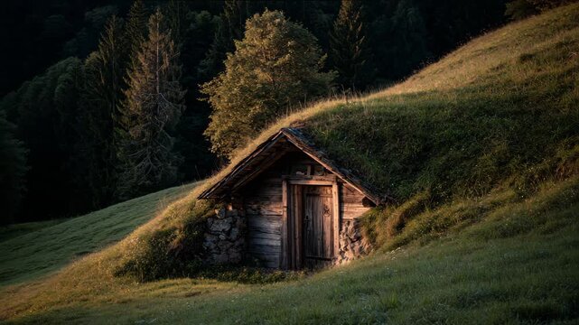 Ultra HD Rustic wooden root cellar built into a grassy hillside with trees in the background at sunset or sunrise video