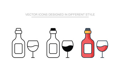 Wine Bottle icon set in different style with white background illustration