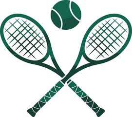 Crossed tennis rackets with a tennis ball vector illustration in dark green for sports club logo and equipment design