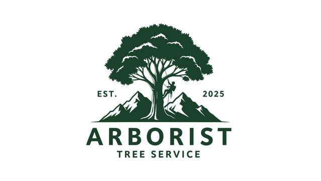 Arborist tree service logo design, professional tree care branding, green nature emblem, mountain landscape, climbing arborist illustration, isolated on white background