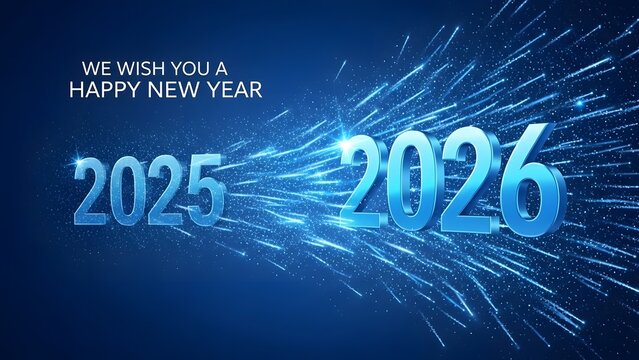 We wish you a Happy New Year 2026 modern greeting design with 3D blue exploding glitter fireworks representing 2025 to 2026 transition on blue background festive holiday banner - Powered by Adobe