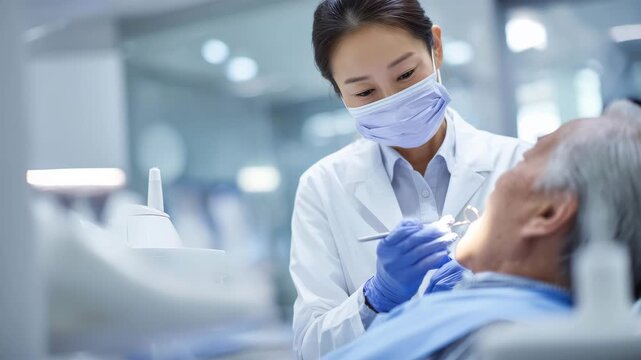 日本人女性歯科衛生士が男性患者をケア