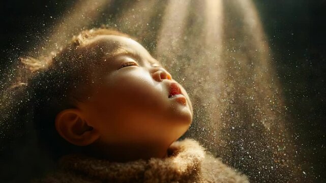 A Glimmering Moment: A Serene Child Embracing the Light, Surrounded by Enchanting Particles of Dust, Capturing Pure Innocence and Joy in a Magical Atmosphere