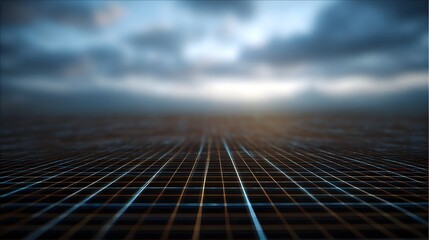 A digital grid stretches towards a moody clouded horizon