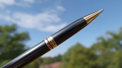 Detailed close up of an elegant black and gold pen its shiny tip angled towards a soft out of focus blue sky with scattered clouds and distant
