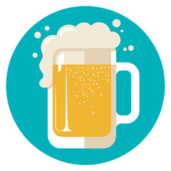 Refreshing beer mug with frothy foam bubbles, ranked as flat design circle graphic icon, ideal for beverage apps, bar signage, and playful food and drink illustrations.