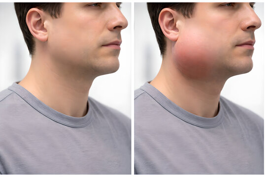 Photorealistic 3D medical depiction of mumps, side-profile head, neck crop showing unilateral parotid gland swelling just below and in front of the ear, mild facial puffiness with subtle skin tension