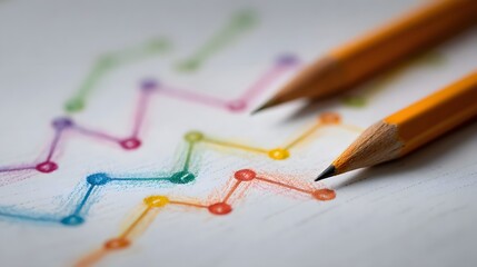 Two yellow pencils rest on a colorful hand drawn line graph representing data trends and analysis