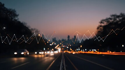 Abstract data graph overlaid on a blurred highway at twilight with city lights