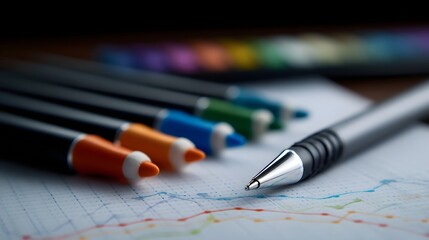 A silver pen and several vibrant colored markers are positioned on a detailed graph paper suggesting business analysis or planning