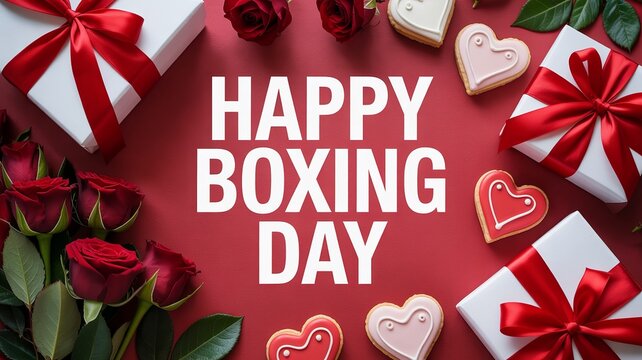 Elegant Boxing Day greeting design with red gifts and cookies. - Powered by Adobe