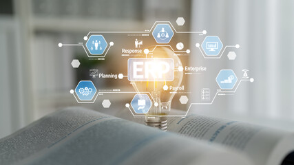 A creative representation of ERP systems with a light bulb symbolizing innovation and a book suggesting research, focusing on business management concepts and efficiency. Tessel