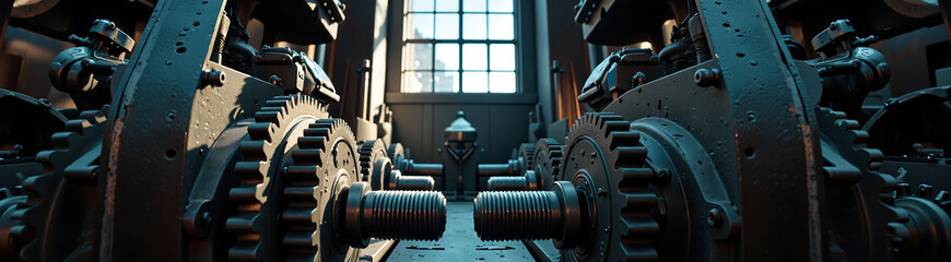tightly framed shot industrial gears cogs nestled within machinery setup illuminated soft natural light filtering