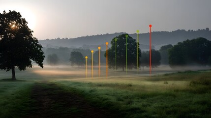Misty dawn landscape with overlaid statistical trend graph and colorful markers
