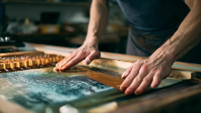 Craftsman manipulating a tactile graphic print with varied surface levels demonstrating the fusion of art and functionality in dimensional printing.