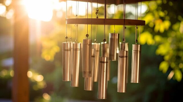 Close-up shot of a wind chime with cylindrical metal tubes hanging, with the sun shining behind it.