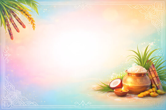 Elegant Pongal Festival Frame with Golden Pot, Diya, Sugarcane, and Coconut on Soft Pastel Background for Harvest Celebration