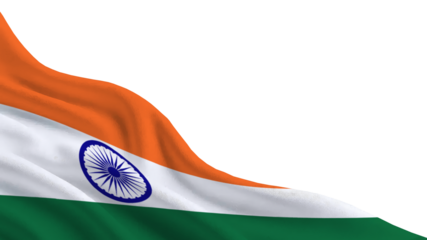 The national flag of India features vibrant orange, white, and green bands, with a navy blue Ashoka Chakra at the center. The flag flutters proudly, representing the nation's sovereignty and unity.