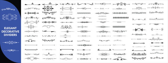 Fototapeta premium Elegant decorative dividers, ornate line separators, vintage flourish designs, whimsical borders, and charming embellishments for creative projects. Elegant big set design.