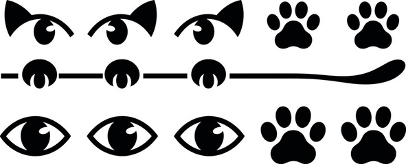 black cat face and paw icons on white background © Mdaminul