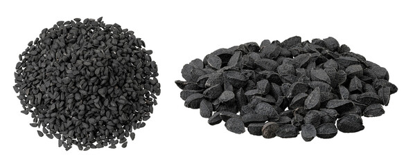 Nigella sativa or Black cumin isolated on white background. Top view. Flat lay