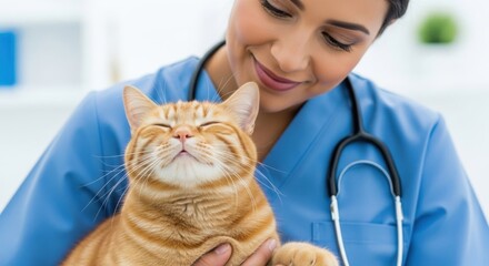 Caring veterinarian gently holds and comforts an orange tabby cat