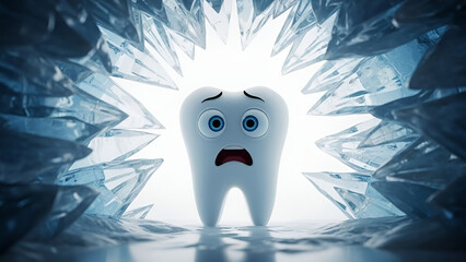 3D illustration of a smiling cartoon tooth character on a gradient blue background with copy space, ideal for dental health and hygiene concepts.