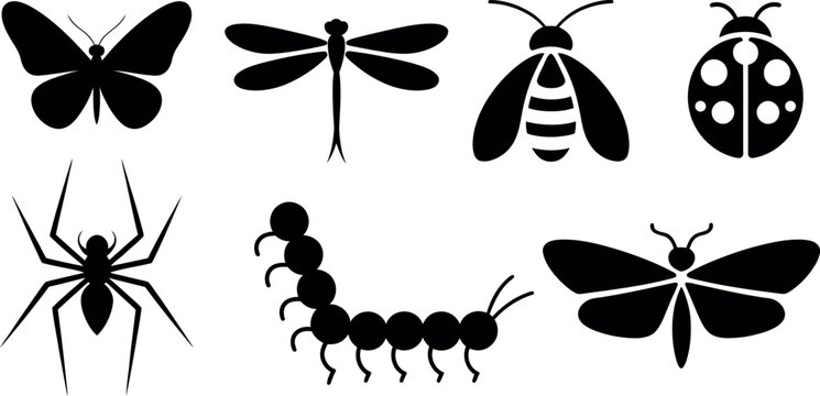 black silhouettes of various insects on white background