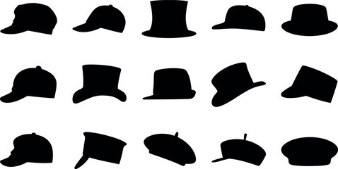 Collection of various hat silhouettes on white background