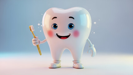 3D illustration of a smiling cartoon tooth character on a gradient blue background with copy space, ideal for dental health and hygiene concepts.