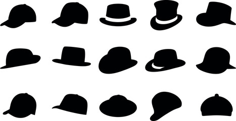 Collection of various hat silhouettes on white background