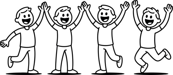 four cartoon boys jumping and raising hands in celebration together