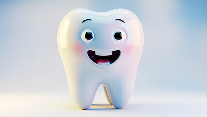 3D illustration of a smiling cartoon tooth character on a gradient blue background with copy space, ideal for dental health and hygiene concepts.