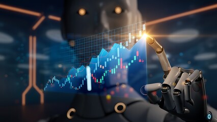A robotic hand interacts with dynamic financial charts, showcasing market growth and data analysis in a high-tech digital environment, symbolizing innovation.