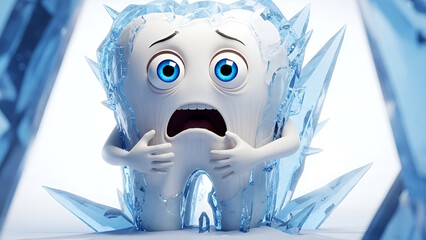 3D illustration of a smiling cartoon tooth character on a gradient blue background with copy space, ideal for dental health and hygiene concepts.