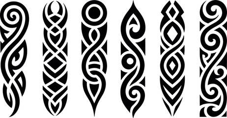 set of six black tribal tattoo designs on white background