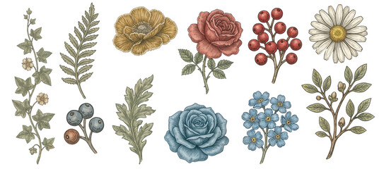 Vintage Botanical Floral Clipart Bundle ,  Isolated Flower PNG Set,  Individual Design Elements 