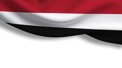 The flag of Yemen features bold horizontal stripes in red, white, and black, symbolizing the country's unity, struggle, and achievements. It stands proudly, showcasing national pride.	