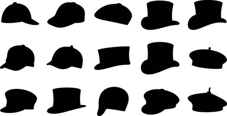 Silhouettes of various hats on white background