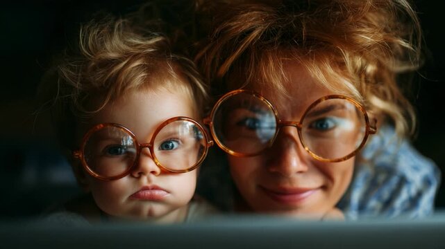 Captivating Moments: A Mother and Child Share an Enthralling Experience While Engrossed in a Screen, Showcasing Curiosity and Connection Through Their Enchanting Expressions.