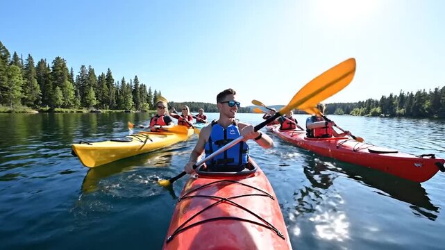 People kayaking on a lake sunny day outdoor recreation