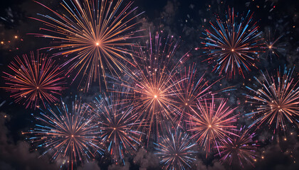 Fototapeta premium Colorful Fireworks Exploding Over City Skyline at Night