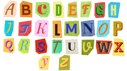 Colorful Collage-Style Typography Alphabets Featuring Cut-Out Magazine Letters, Each Letter in a Unique Font and Color on a Clean White Background, Ideal for Posters, Branding, Creative Typography