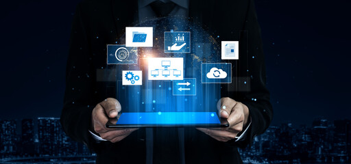 Digital business infrastructure with data system, analytics, sync. System management improves access, system management ensures performance, and system management supports digital operations. Vouch