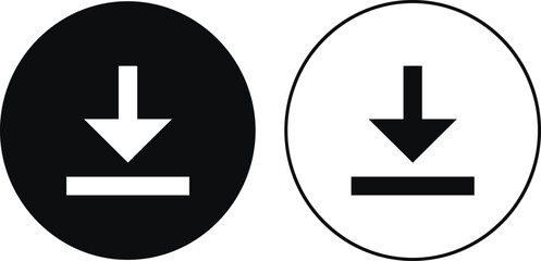 Download icons in black and white circles, minimal UI symbols for digital platforms and apps, vector illustration