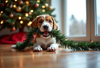 A Beagle puppy is chewing on an artificial Christmas tree and garland. This poses a danger to animals. Be careful. Protect your pets