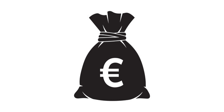A black silhouette of a classic money bag tied with a cord and marked with a currency symbol. Vector illustration black clipart design.dollar classic money bag,Euro  classic money bag