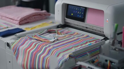 Medium shot of printondemand clothing being printed showing vibrant fabric patterns freshly applied to garments in a smallbatch production setup.